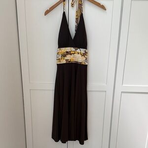 Phoebe Couture Elegant Brown and Yellow Backless Dress